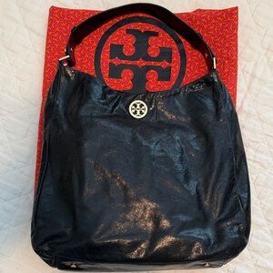 Tory Burch Black Leather Hobo Bag with Gold Accent